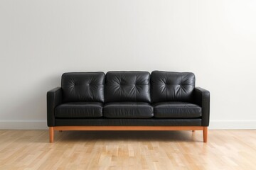 Fototapeta premium Modern black leather sofa with wooden legs in minimalist living room setting