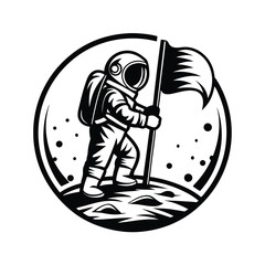 Monochrome Spaceman with Flag on Lunar Surface, Minimalist Emblem, Round Design