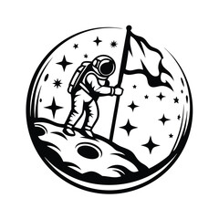 Astronaut planting flag on moon, cratered surface, stars, mission, black and white
