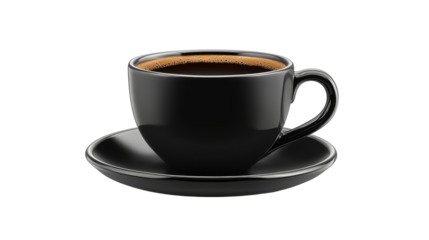 Black cup of coffee on saucer, dark foam, isolated, cut out transparent