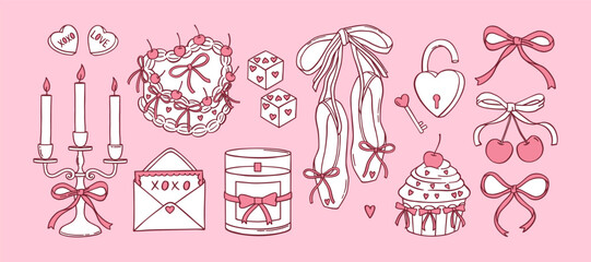 Coquette doodle pink set. Heart shaped cakes, trendy cherries, vintage bows, cupcake, envelopes, lock, key, dice, pointe shoes, candles. Hand-drawn line art vector illustration