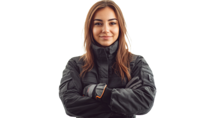 Female professional driver in casual jacket urban setting portrait confident pose empowerment theme