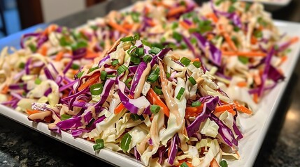 Crunchy Asian slaw red cabbage carrots green onions and peanut dressing beautifully plated in a ceramic dish