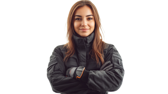 Female professional driver in casual jacket urban setting portrait confident pose empowerment theme