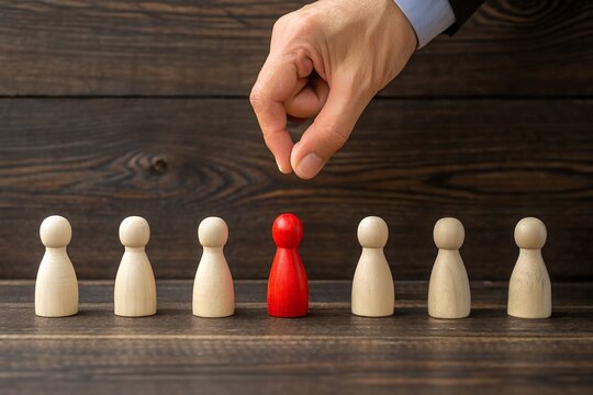 Strategic Selection: A hand delicately picks the standout figure from a line of identical wooden figurines.