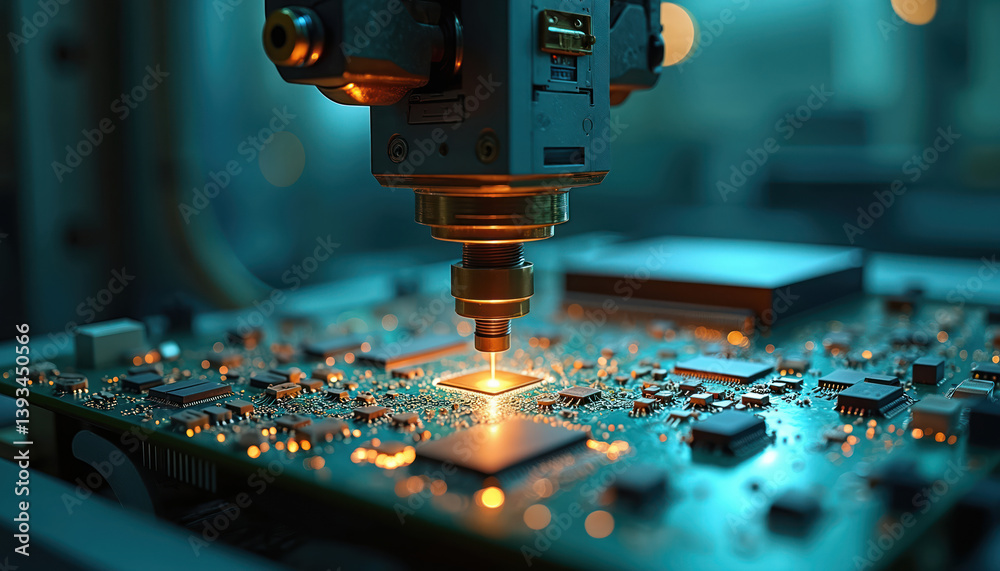 Poster automated machine arm calibrates, assembles circuit board components. high-tech electronic manufactu