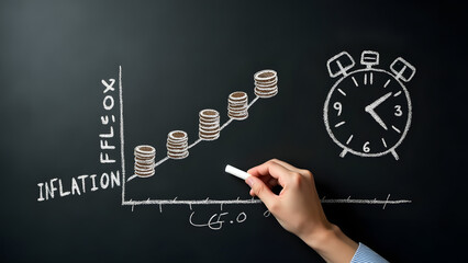 A hand draws an inflation graph with coins on a chalkboard. A chalk clock shows time&rsquo;s impact. Clean, minimalist design with white chalk on black. Educational and symbolic.
