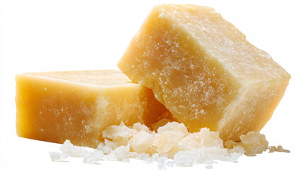 Close-up of handcrafted cheese showing crystal formation inside, highlighting its quality and creamy texture, against a white backdrop.  