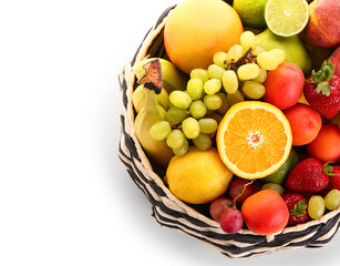 Bowl with different fresh fruits on white background