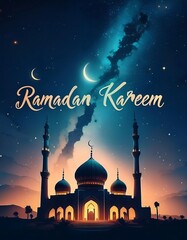 Amidst the night sky, a mosque's architecture stands illuminated, a beacon of religion in the city, with a star-like lantern adding a festive touch