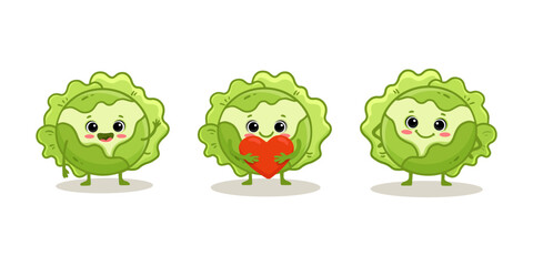 set of cute cartoon cabbage characters with emotions. Cute vegetable with heart isolated on white background. Funny cabbage in flat style. Vector illustration.