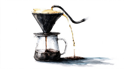 Coffee being brewed using the pour-over method, with water flowing over the coffee grounds, presented against a white backdrop, and evoking a coffee-focused lifestyle.  