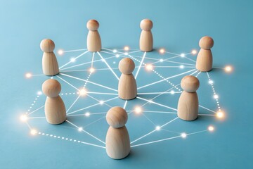 Obraz premium Networked connections: Wooden figures linked by glowing lines, symbolizing digital and human networks on a teal backdrop. Capturing collaboration, integration and communication