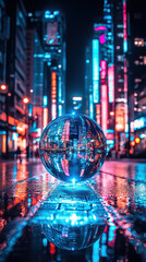 Obraz premium A crystal ball reflects the vibrant neon lights and glistening rain-slicked streets of a futuristic cityscape at night showcasing architectural marvels and urban energy.