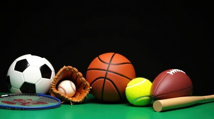 Collection of various sports equipment on green surface