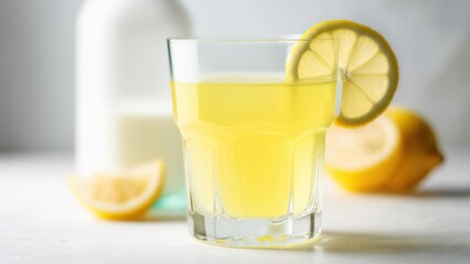Fototapeta premium Refreshing yellow beverage served in a glass with lemon slices on a bright surface