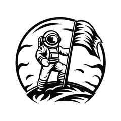 Silhouette Astronaut Holding Flag on Lunar Surface, Space Exploration, Monochromatic