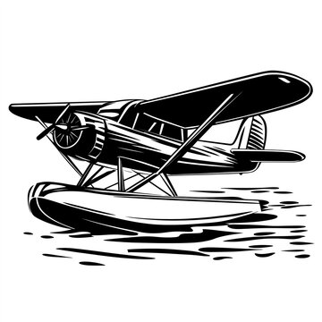 black and white seaplane on water clip art preview