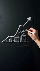 Fototapeta premium A hand draws an inflation graph with shrinking bags on a chalkboard. A sundial’s shadow marks time’s effect. Polished chalk-style economic illustration.