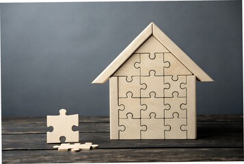 House of Pieces: A conceptual image of a house assembled from jigsaw pieces, symbolizing unity, construction, and the process of building or developing something new.