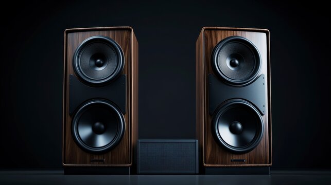 Pair of wooden stereo speakers with subwoofer on dark background.