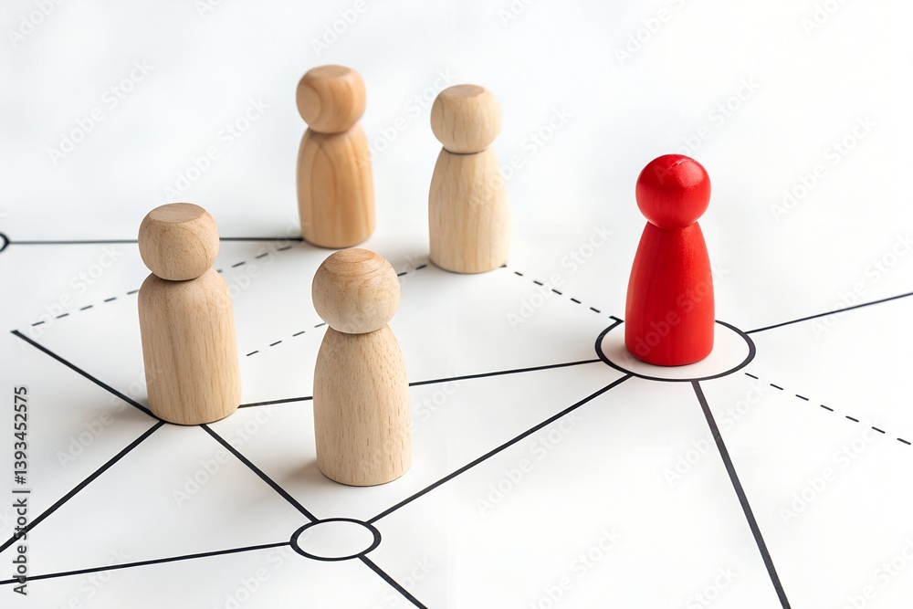 Fototapete standing out in network: a vibrant red figure positioned within a network, illustrating the concept 