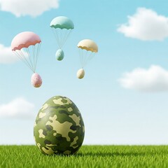 Camouflage Easter egg on spring grass with pastel parachutes in a bright sky. Perfect for stylish seasonal marketing and web design.