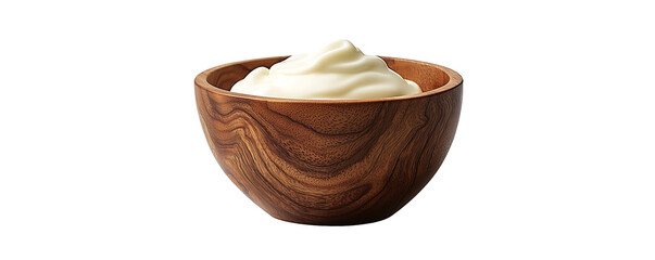 Wooden bowl with yogurt, isolated