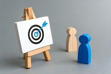 Target Vision and Team Focus: The essence of focus and collaboration is illustrated as wooden figures contemplate a canvas depicting the perfect aim of a dart hitting its target.