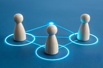 Obraz premium Network of Minds: This image encapsulates the core concept of networking, interconnection, and collaboration, featuring three stylized wooden figures interconnected by lines.