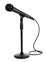 Black microphone on stand for vocal recording and performance on transparent background