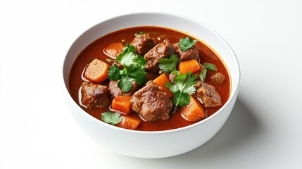 A bowl of Guruma curry with tender chunks of meat and vegetables in a rich, spiced sauce, garnished with fresh cilantro, set against a clean white background.