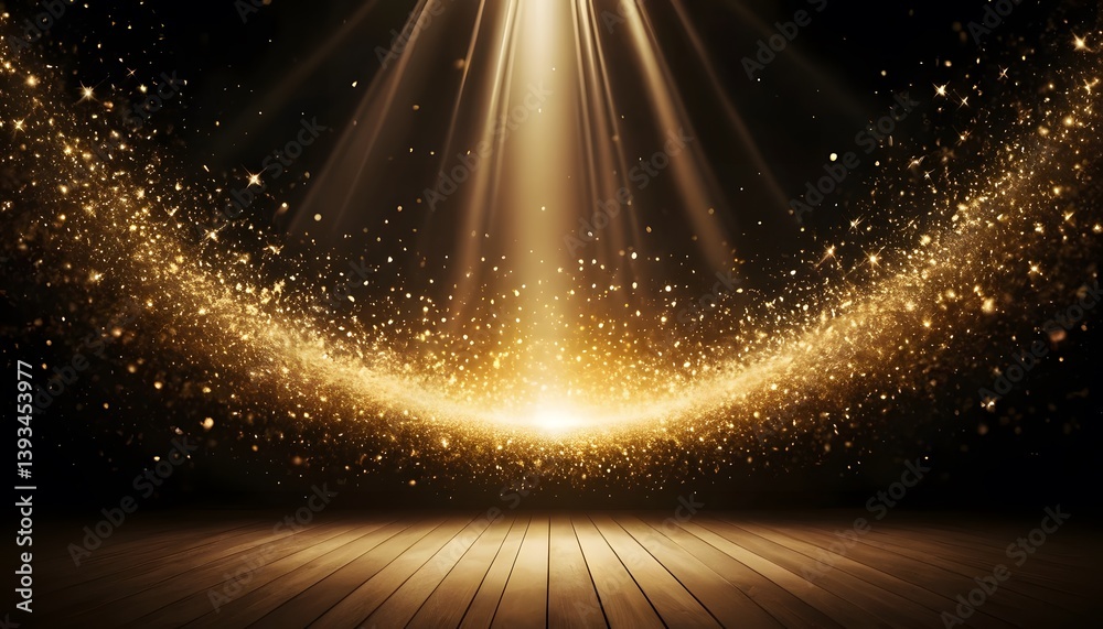 Aufkleber Golden Light Burst, Sparkling Particles Create An Ethereal Scene. Bright Rays Shine Down. Shimmering Ground Evokes Warmth. Ideal For Festive Designs.
