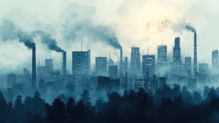 Fototapeta premium A city skyline with heavy smog and air pollution, illustrating the impact of global warming and industrial emissions on urban air quality.