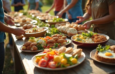 Obraz premium Family friends gather around rustic wooden table. Fresh seasonal dishes vegetables, eggs, meat, baked bread, salad. Sharing meal in backyard. Outdoor cozy setting. Warm inviting atmosphere.
