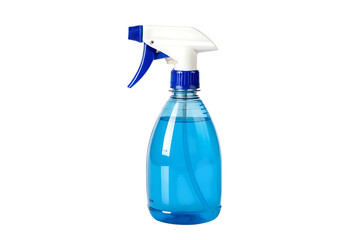 Blue spray bottle with cleaning solution on transparent background