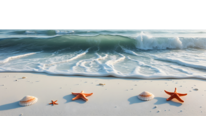 Vibrant starfishes and elegant seashells arranged on the smooth sandy beach as a powerful ocean wave approaches the shore isolated on white/transparent background. For travel ads and nautical designs