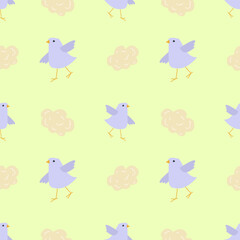 Vector. Seamless pattern with cute cartoon birds on light background. Animal kids print design in flat style. For textiles, clothing, bed linen, office supplies.