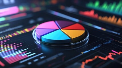 A close-up of a sleek D pie chart with colorful segments floating above a futuristic interface, representing financial data breakdowns and modern data visualization.