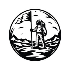 Obraz premium Monochrome Spaceman with Flag Standing on Lunar Surface Encapsulated in a Circle