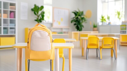 Obraz premium Bright preschool classroom with yellow furniture and a backpack