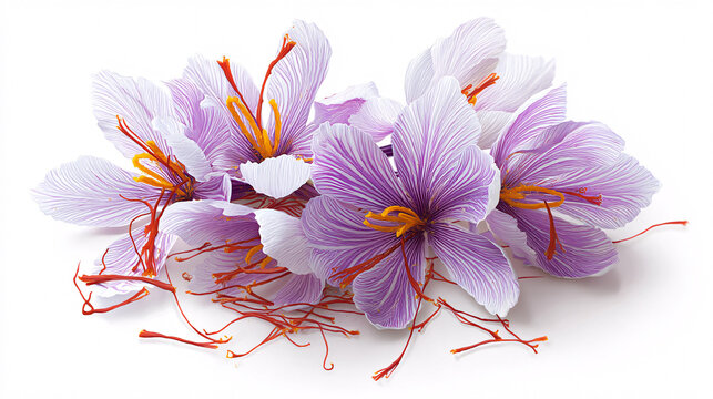 Delicate saffron strands are collected from crocus blossomsthis prized spice is the most costly in the world, and is shown against a white background.  