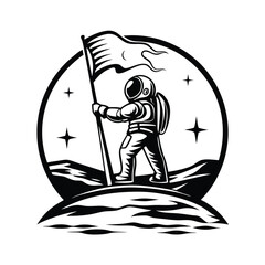 Silhouette Astronaut Holds Flag on Planet, Black & White Space Exploration
