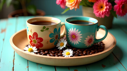 Fototapeta premium Bright multicolored ceramic coffee mugs and fresh coffee beans arranged on a wooden tray beside a turquoise table decorated with floral accents