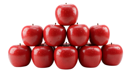Pyramid arrangement of ten shiny red apples on a black background