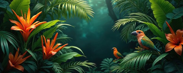 Vibrant illustration captures tropical jungle. Exotic birds perch among emerald leaves. Orange flowers bloom, palm fronds create canopy. Seamless pattern of rainforest plants. Ideal for nature,