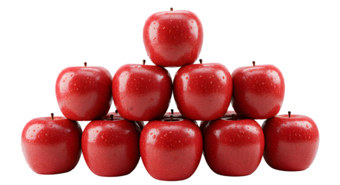 Pyramid arrangement of ten shiny red apples on a black background