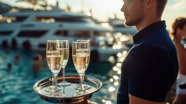 Serving champagne by the yacht