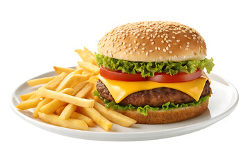 Delicious cheeseburger with french fries on white plate on transparent background