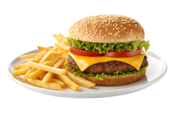 Delicious cheeseburger with french fries on white plate on transparent background